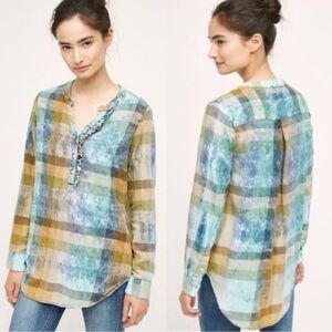 ISABELLA SINCLAIR Anthropologie Blue Green Plaid Blouse Women’s Shirt Top